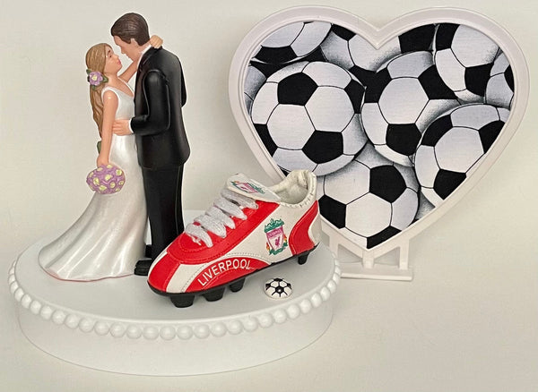 Wedding Cake Topper Liverpool FC Soccer Themed English Football Gorgeous Long-Haired Bride Groom Fun Groom's Cake Top Reception Gift Idea