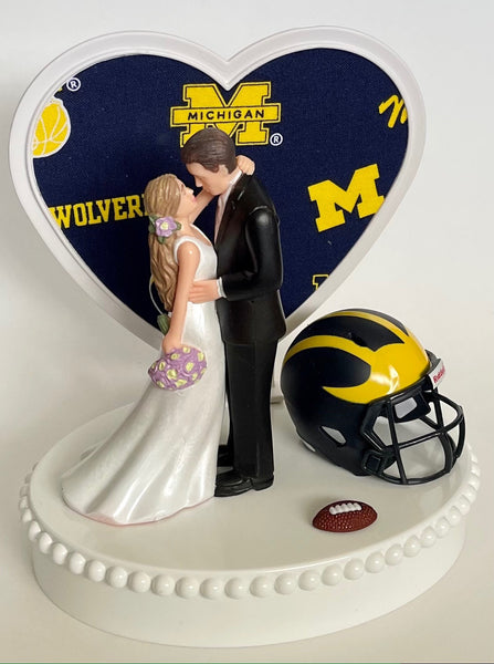 Wedding Cake Topper Michigan Wolverines Football Themed UM Gorgeous Long-Haired Bride Groom Unique Groom's Cake Top Reception Bridal Shower