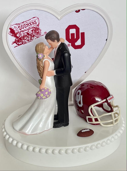 Wedding Cake Topper Oklahoma Sooners Football Themed OU Gorgeous Long-Haired Bride Groom Unique Groom's Cake Top Reception Bridal Shower