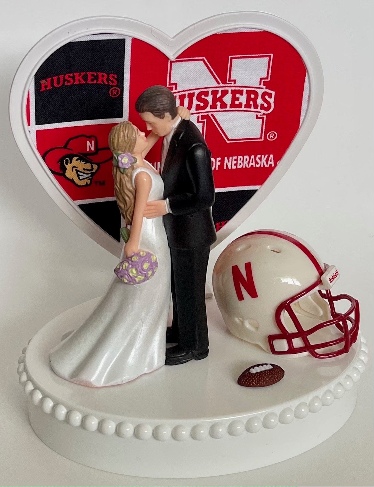 Wedding Cake Topper Nebraska Cornhuskers Football Themed NU Gorgeous Long-Haired Bride Groom Unique Groom's Cake Top Reception Bridal Shower