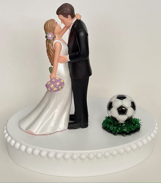 Wedding Cake Topper Soccer Themed Green Turf Ball Beautiful Long-Haired Bride Groom Fun Bridal Shower Reception Gift Unique Groom's Cake Top