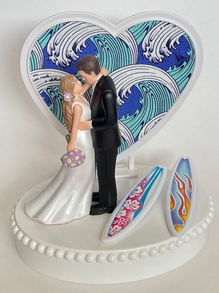 Wedding Cake Topper Surfing Themed Surf Surfboard Beautiful Long-Haired Bride Groom Fun Bridal Shower Reception Gift Unique Groom's Cake Top