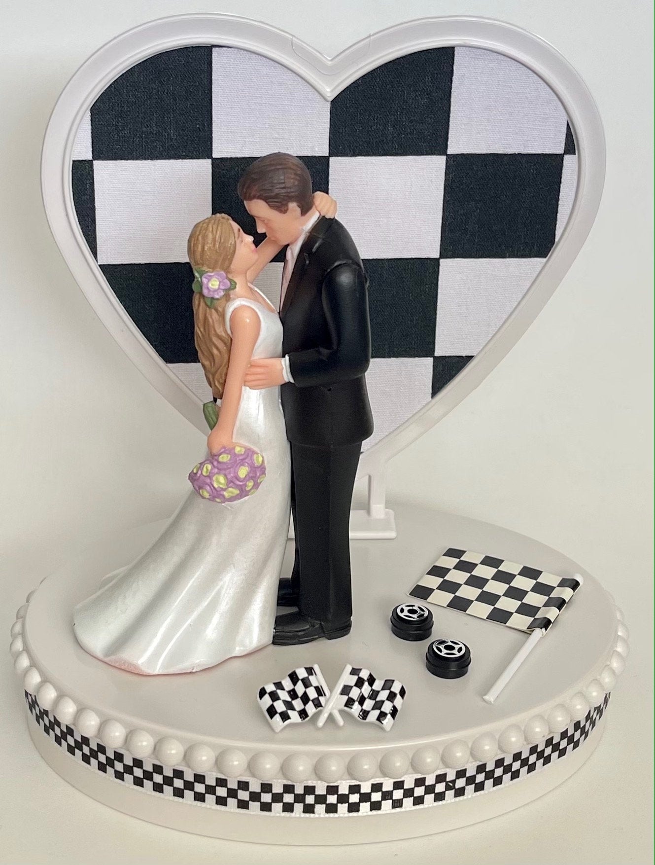 Wedding Cake Topper Checkered Flag Racing Themed Beautiful Long-Haired Bride Groom Fun Bridal Shower Reception Gift Unique Groom's Cake Top