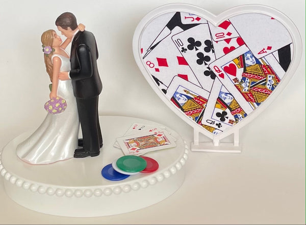 Wedding Cake Topper Poker Cards Chips Playing Blackjack Themed Beautiful Long-Haired Bride Groom Bridal Shower Gift Unique Groom's Cake Top