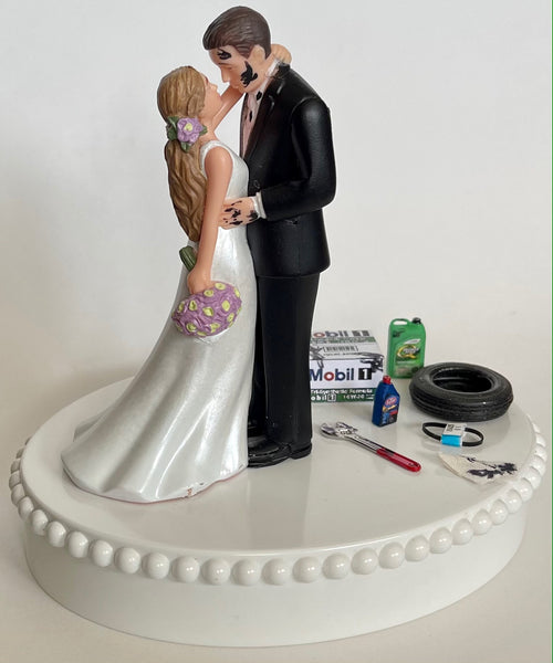 Wedding Cake Topper Mechanic Grease Monkey Themed Garage Auto Car Repair Tools Oil Rags Beautiful Long-Haired Bride Unique Groom's Cake Top