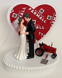 Wedding Cake Topper Red Tractor Themed International Harvester IH Farmall McCormick Beautiful Short-Haired Bride and Groom OOAK Farming Gift