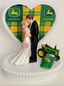 Wedding Cake Topper Green Farm Tractor Themed John Deer Cap Farming Pretty Short-Haired Bride Groom Fun Farmer Reception Bridal Shower Gift