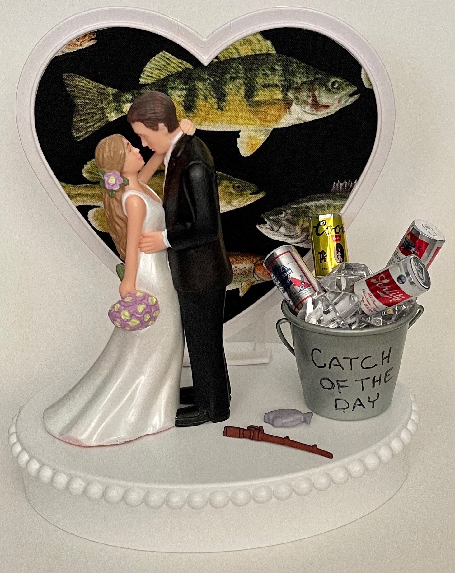 Wedding Cake Topper Catch of the Day Fishing and Beer Themed Gorgeous Long-Haired Bride Groom Bridal Shower Gift Unique Groom's Cake Top