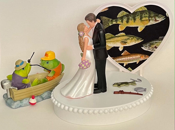 Wedding Cake Topper Fisherman Boat Rod Hook Themed Fisherman Fish Pretty Long-Haired Bride Groom Bridal Shower Gift Unique Groom's Cake Top