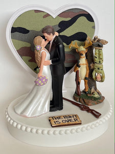 Wedding Cake Topper the Hunt is Over Dangling Deer Hunter Themed Camo Heart Background Hunting Pretty Long-Haired Bride and Groom OOAK Gift