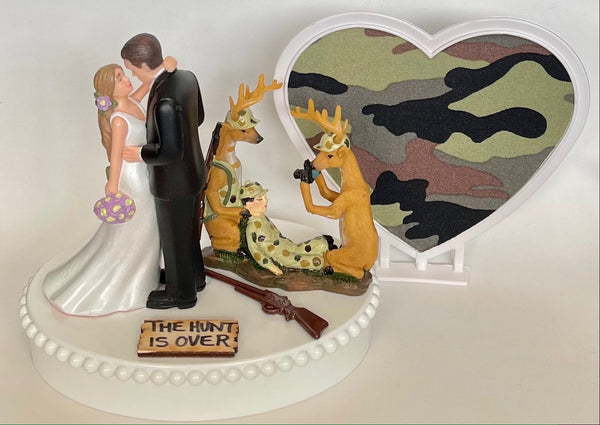 Wedding Cake Topper Deer Hunter Photography Themed Hunting Beautiful Long-Haired Bride and Groom Green Camo Heart Backdrop Groom's Cake Top