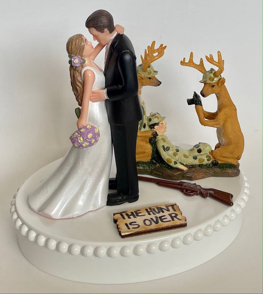 Wedding Cake Topper Deer Hunter Photography Themed Hunting Beautiful Long-Haired Bride and Groom Green Camo Heart Backdrop Groom's Cake Top