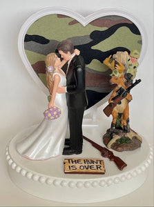 Wedding Cake Topper Treed Hunter Deer Hunt Themed Hunting Rifle Beautiful Long-Haired Bride Groom Camo Heart Background Fun Groom's Cake Top