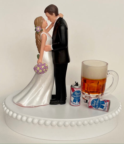Wedding Cake Topper Pabst Blue Ribbon Beer Themed PBR Mug Cans Beautiful Long-Haired Bride Groom Bridal Shower Gift Unique Groom's Cake Top
