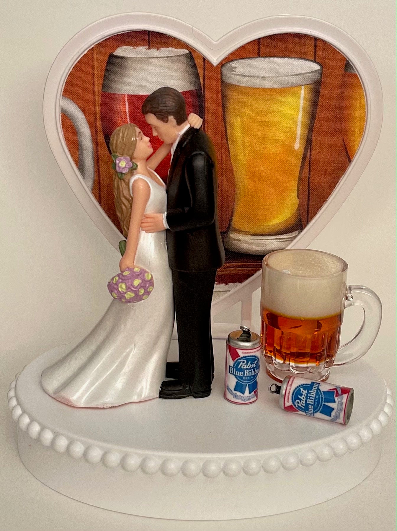Wedding Cake Topper Pabst Blue Ribbon Beer Themed PBR Mug Cans Beautiful Long-Haired Bride Groom Bridal Shower Gift Unique Groom's Cake Top