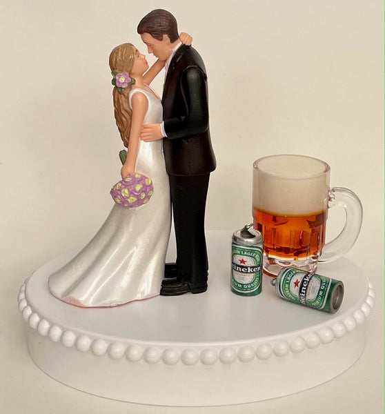 Wedding Cake Topper Heineken Beer Themed Mug Cans Beautiful Long-Haired Bride Groom Bridal Shower Reception Gift Unique Groom's Cake Top