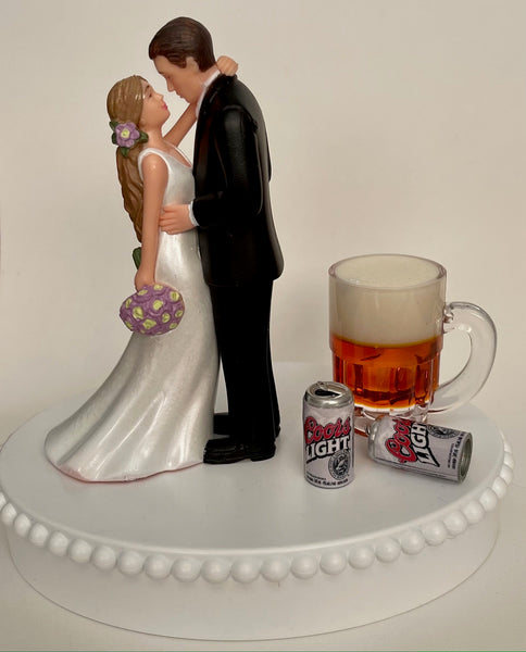 Wedding Cake Topper Coors Light Themed Cans Mug Beautiful Long-Haired Bride Groom Bridal Shower One-of-a-Kind Gift Unique Groom's Cake Top