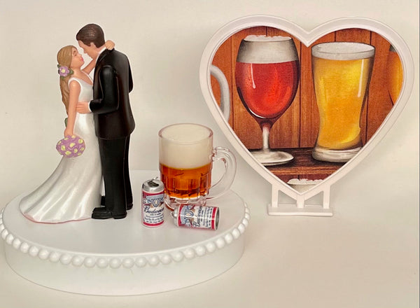 Wedding Cake Topper Budweiser Beer Themed Bud Mug Cans Beautiful Long-Haired Bride and Groom OOAK Bridal Shower Gift Unique Groom's Cake Top