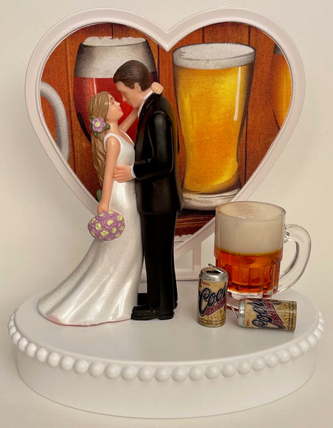 Wedding Cake Topper Coors Beer Themed Mug Cans Drinking Gorgeous Long-Haired Bride and Groom Fun Bridal Shower Gift Unique Groom's Cake Top