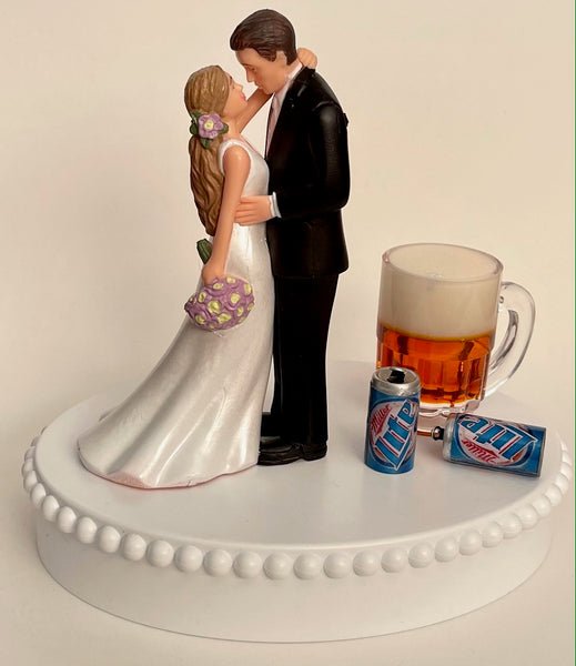 Wedding Cake Topper Miller Lite Beer Themed Mug Cans Drinking Pretty Long-Haired Bride Groom Fun Bridal Shower Gift Unique Groom's Cake Top