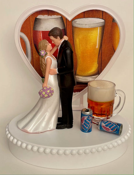 Wedding Cake Topper Miller Lite Beer Themed Mug Cans Drinking Pretty Long-Haired Bride Groom Fun Bridal Shower Gift Unique Groom's Cake Top