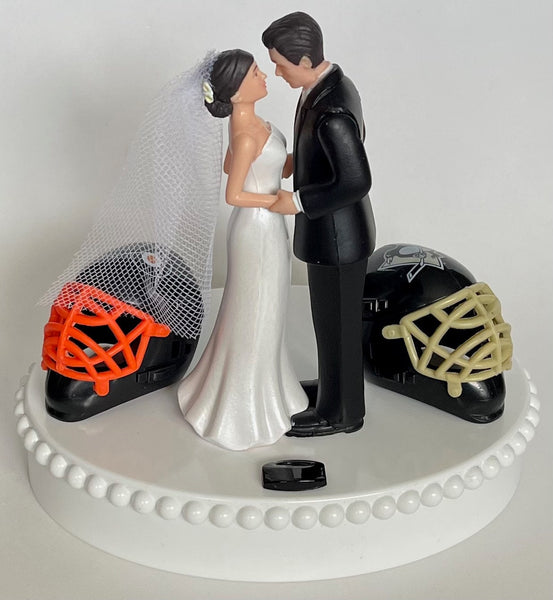 Wedding Cake Topper Team Rivalry Hockey Themed House Divided YOU PICK Your Two Teams Cute Short-Haired Bride and Groom Fun Sports Fan Gift