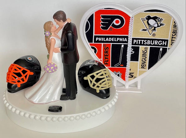 Wedding Cake Topper House Divided Hockey Themed YOU PICK Your Two Team Rivalry Teams Pretty Long-Haired Bride and Groom Humorous Groom's Top